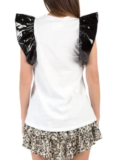 T-SHIRT IN COTONE CON MANICHE CORTE NERE CON VOLANT IN ECOPELLE