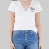 T-SHIRT TURBATO BIANCA CON LOGO IN STRASS E PERLINE
