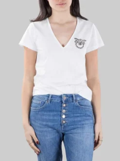 T-SHIRT TURBATO BIANCA CON LOGO IN STRASS E PERLINE