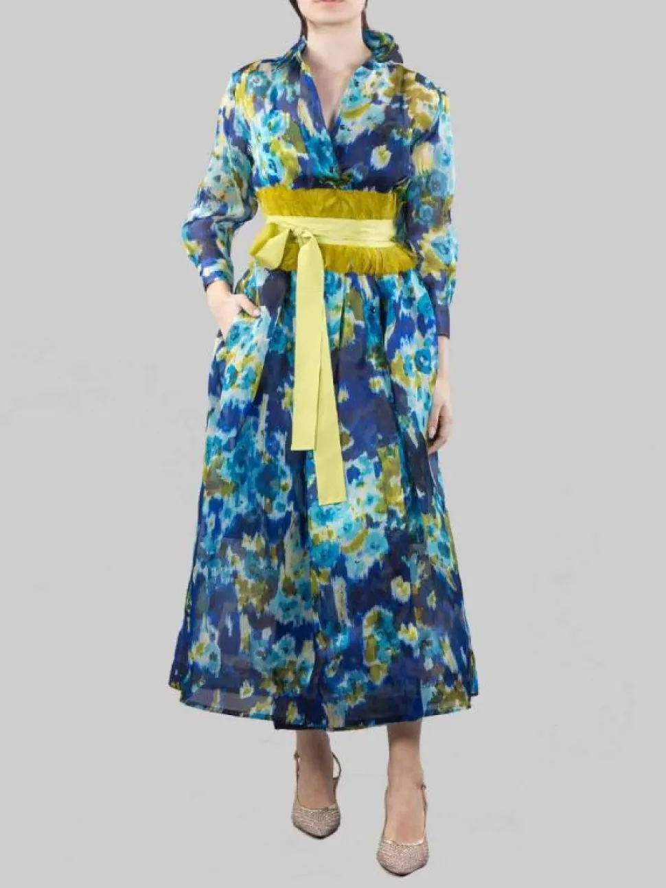 ABITO CHEMISIER IN SETA A FANTASIA FIORI E LIME CON CINTURA