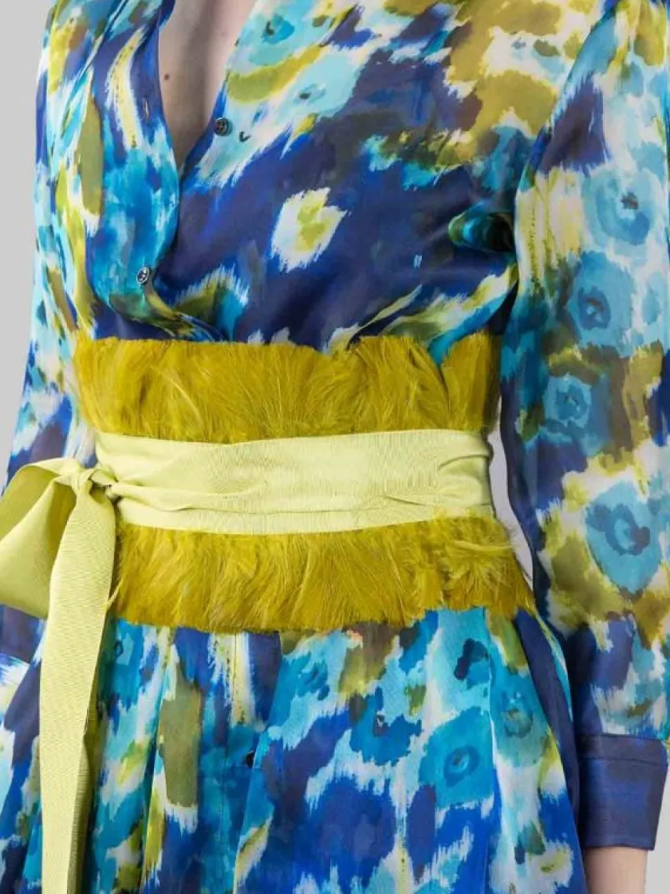 ABITO CHEMISIER IN SETA A FANTASIA FIORI E LIME CON CINTURA