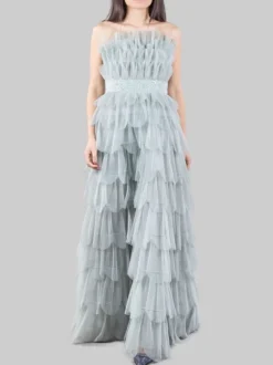 ABITO LUNGO IN PETALI DI TULLE GRIGIO CON CINTURA GIOIELLO