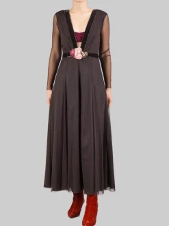 ABITO LUNGO MARRONE IN TULLE CON CINTURA A FIORI IN VITA