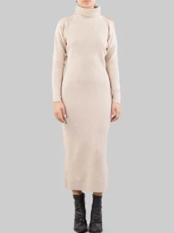 ABITO MIDI BEIGE A COSTINE CON COLLO ALTO E APERTURA SULLA SPALLA