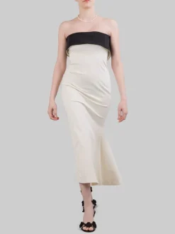 ABITO MIDI BUSTIER IN COTONE AVORIO CON RISVOLTO A CONTRASTO