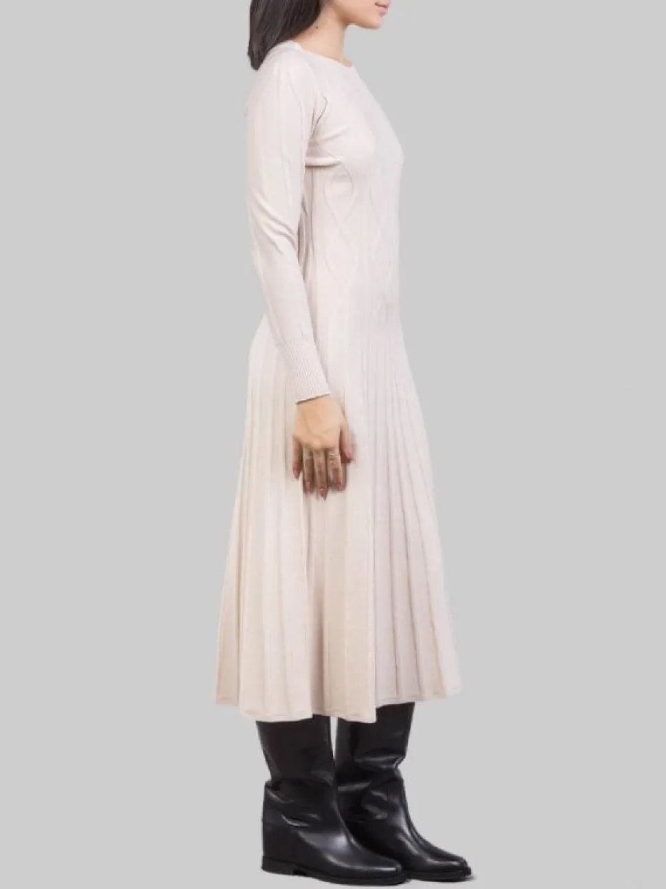 ABITO MIDI IN MAGLIA DI LANA GESSO CON LOSANGHE