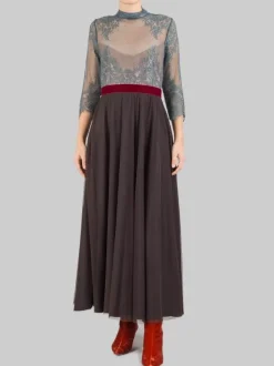 ABITO MIDI IN PIZZO VERDE SALVIA E GONNA IN TULLE MARRONE CON CINTURA IN VELLUTO