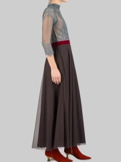 ABITO MIDI IN PIZZO VERDE SALVIA E GONNA IN TULLE MARRONE CON CINTURA IN VELLUTO