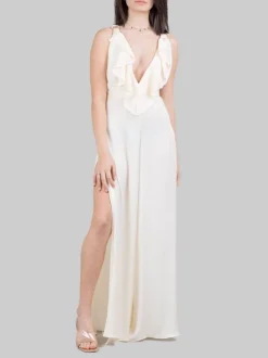 ABITO TUTA BIANCO CHAMPAGNE CON RUCHES ANTERIORI E SPACCHI SULLE GAMBE