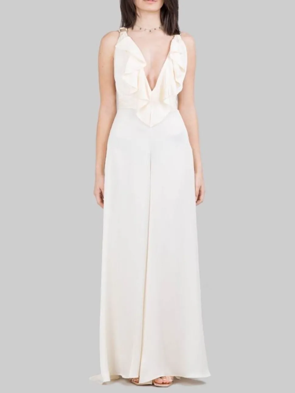 ABITO TUTA BIANCO CHAMPAGNE CON RUCHES ANTERIORI E SPACCHI SULLE GAMBE