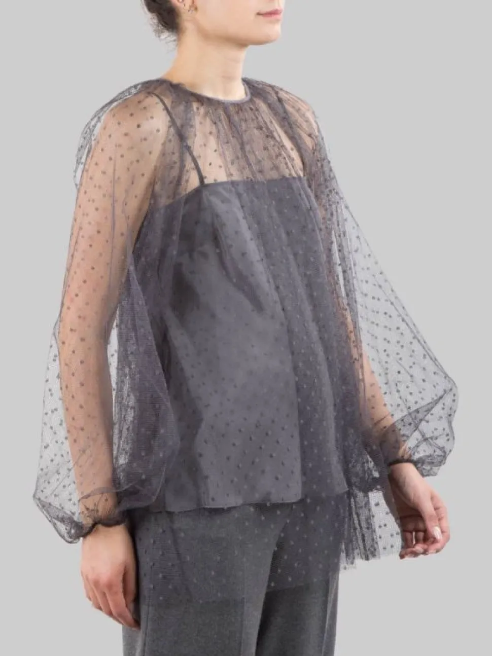 CAMICIA BLUSA REALIZZA IN TULLE POINT D'ESPRIT GRIGIO SMOKE