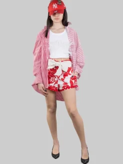 CAMICIA LUNGA OVERSIZE IN POPELINE A RIGHE BIANCHE E ROSSE