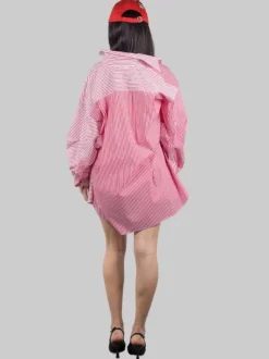 CAMICIA LUNGA OVERSIZE IN POPELINE A RIGHE BIANCHE E ROSSE