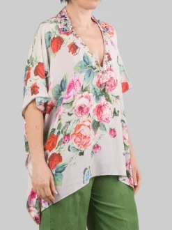 CAMICIA TUNICA A FANTASIA ROSE CON DECORAZIONI IN PERLINE, STRASS E CRISTALLI