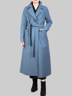 CAPPOTTO LUNGO BLU PETROLIO "A VESTAGLIA" IN LANA VERGINE PRESSATA CON CINTURA