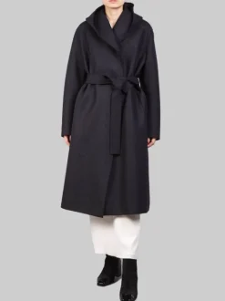CAPPOTTO LUNGO NERO "A VESTAGLIA" IN LANA VERGINE PRESSATA CON CINTURA