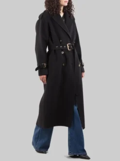 CAPPOTTO LUNGO TESTO IN PANNO DI LANA NERO CON CINTURA IN VITA