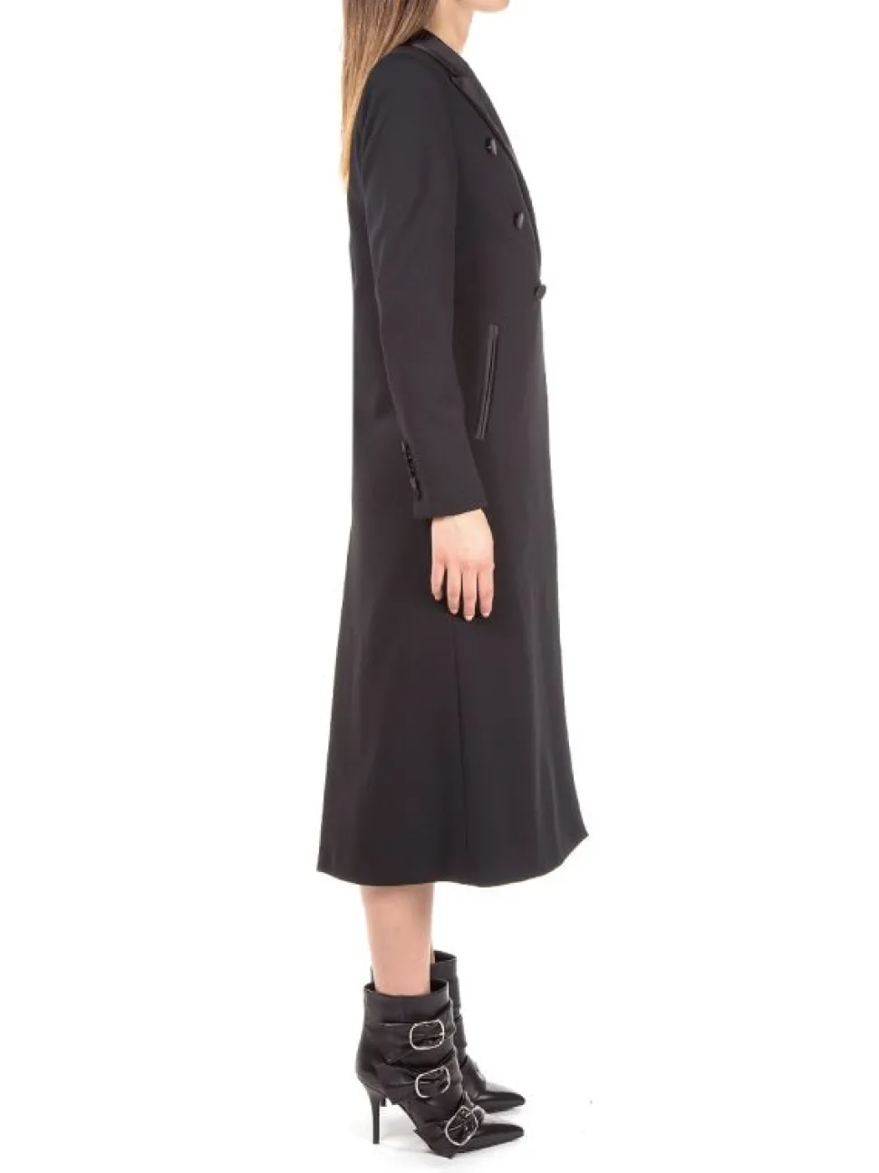 CAPPOTTO NERO VENNY IN TESSUTO TECNICO ELASTICIZZATO DOPPIO PETTO