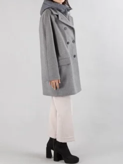 CAPPOTTO OVERSIZE IN PANNO GRIGIO CON IMBOTTITURA PARZIALE E CAPPUCCIO