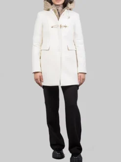 CAPPOTTO TOGGLE IN LANA E TESSUTO TECNICO BIANCO PANNA CON CAPPUCCIO