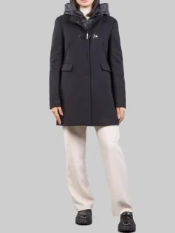CAPPOTTO TOGGLE IN LANA E TESSUTO TECNICO NERO CON CAPPUCCIO