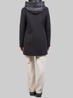 CAPPOTTO TOGGLE IN LANA E TESSUTO TECNICO NERO CON CAPPUCCIO