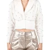 CARDIGAN BIANCO BURRO CORTO MIZZY CON ECOPELLICCIA E PICCOLE SFERE