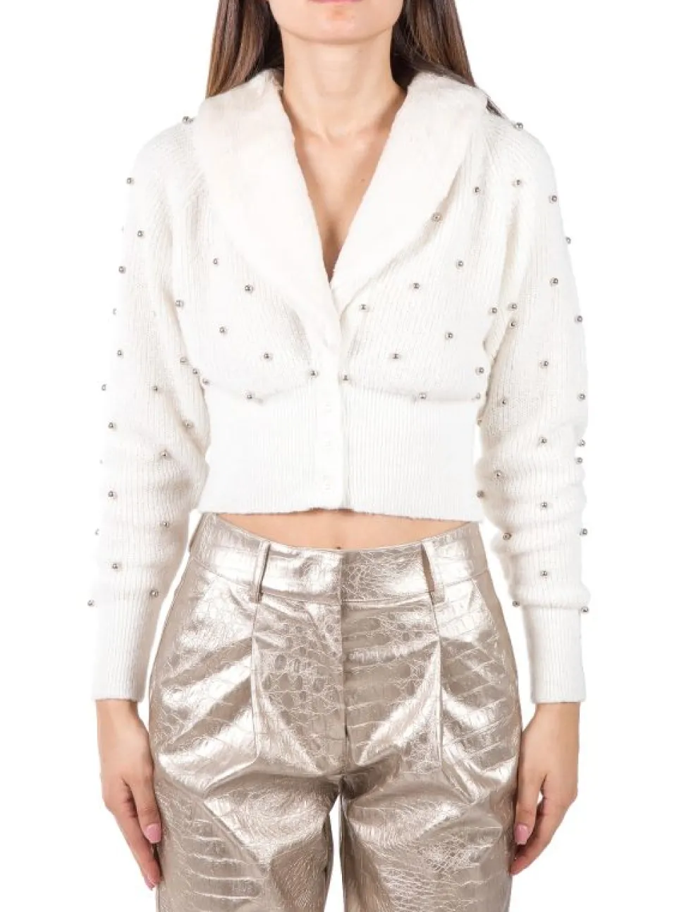 CARDIGAN BIANCO BURRO CORTO MIZZY CON ECOPELLICCIA E PICCOLE SFERE
