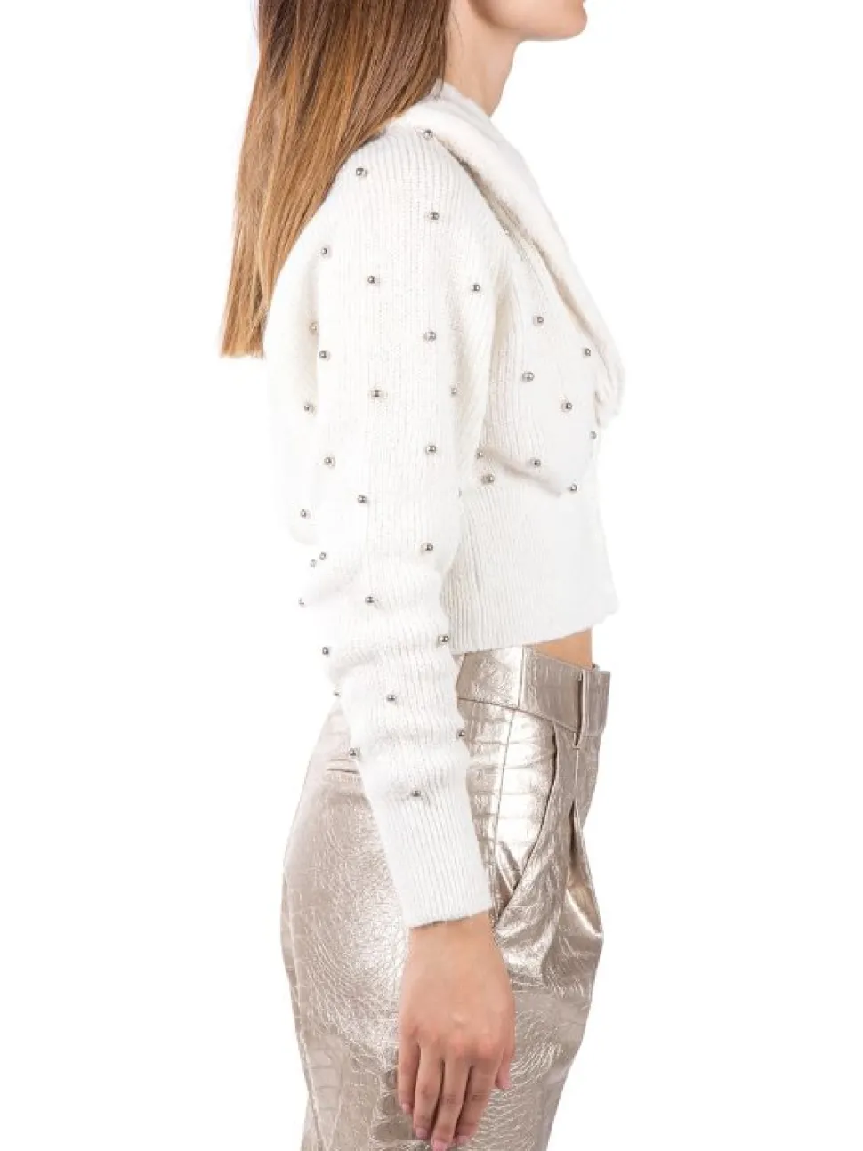 CARDIGAN BIANCO BURRO CORTO MIZZY CON ECOPELLICCIA E PICCOLE SFERE