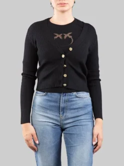 CARDIGAN NERO IN LANA A COSTINE CON LOGO "LOVE BIRDS" IN TRASPARENZA