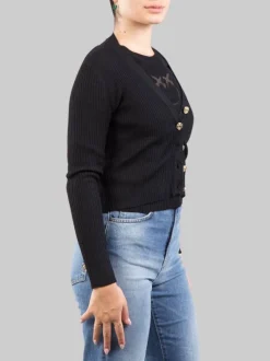 CARDIGAN NERO IN LANA A COSTINE CON LOGO "LOVE BIRDS" IN TRASPARENZA