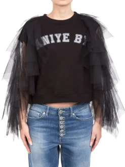 FELPA GIROCOLLO NERA IN COTONE CON MANICHE DECORATE IN TULLE