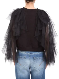 FELPA GIROCOLLO NERA IN COTONE CON MANICHE DECORATE IN TULLE