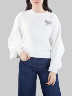 FELPA GIROCOLLO OVERSIZE BIANCO CON LOGO IN STRASS E PERLINE