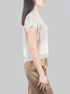 GILET GIROCOLLO BIANCO E BEIGE CON MICRO PAILLETTES RICAMATE