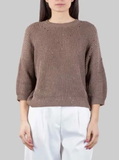 MAGLIA GIROCOLLO IN COTONE MARRONE CON MICRO PAILLETTES