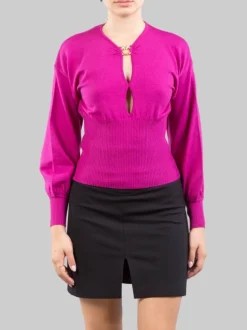 MAGLIA IN LANA STRETCH VIOLA CON ANELLO LOVE BIRDS ORO