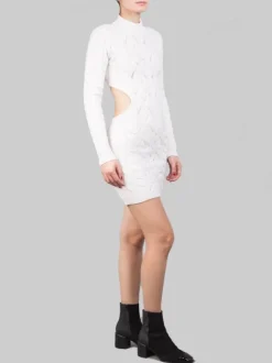 MINI ABITO BIANCO PANNA IN MAGLIA INTRECCIATA CON SCOLLATURA SULLA SCHIENA