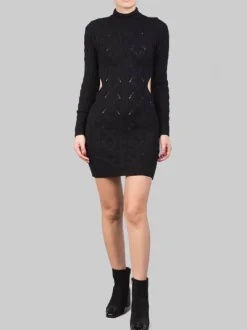 MINI ABITO NERO IN MAGLIA INTRECCIATA CON SCOLLATURA SULLA SCHIENA