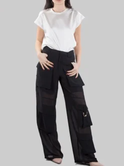 PANTALONI CAMPOFIORIN CARGO NERI IN GEORGETTE CON TRASPARENZE