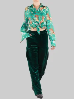 PANTALONI CARGO IN VELLUTO VERDE BOSCO CON ELASTICO IN VITA