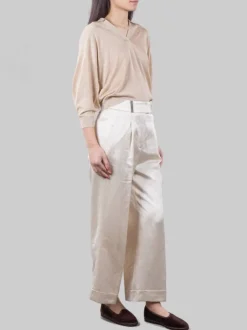 PANTALONI CROPPED IN MISTO LINO E VISCOSA CHAMPAGNE CON RISVOLTI