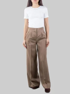 PANTALONI IN LINO A VITA ALTA CON PINCES MARRONI
