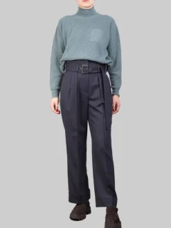 PANTALONI IN MISTO LANA BLU A VITA ALTA CON PINCES E CINTURA IN VITA