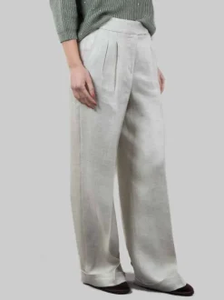 PANTALONI IN MISTO LINO VERDE SALVIA CON RISVOLTI AL FONDO