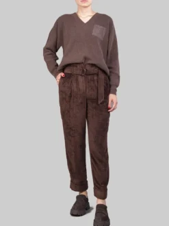 PANTALONI IN VELLUTO A COSTE MARRONI CON CINTURA IN VITA