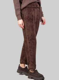 PANTALONI IN VELLUTO A COSTE MARRONI CON CINTURA IN VITA