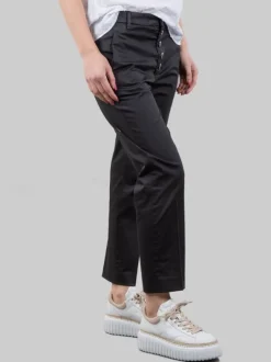 PANTALONI NIMA NERI IN COTONE ELASTICIZZATO CON BOTTONI GIOIELLO