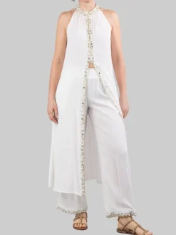 PANTALONI PALAZZO BIANCHI CON DECORAZIONI IN PERLINE, STRASS E PERLE