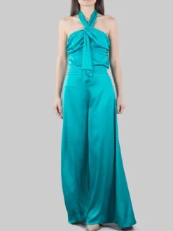 PANTALONI PALAZZO VERDE BALMAIN IN RASO FLUIDO A VITA ALTA